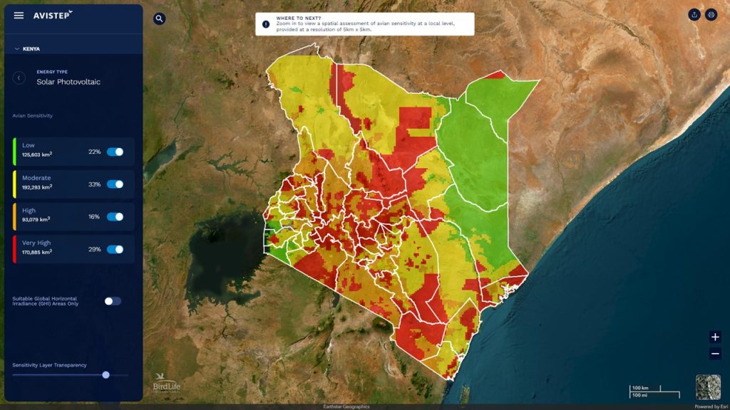 Avistep Map showing Solar Energy safe zones in Kenya